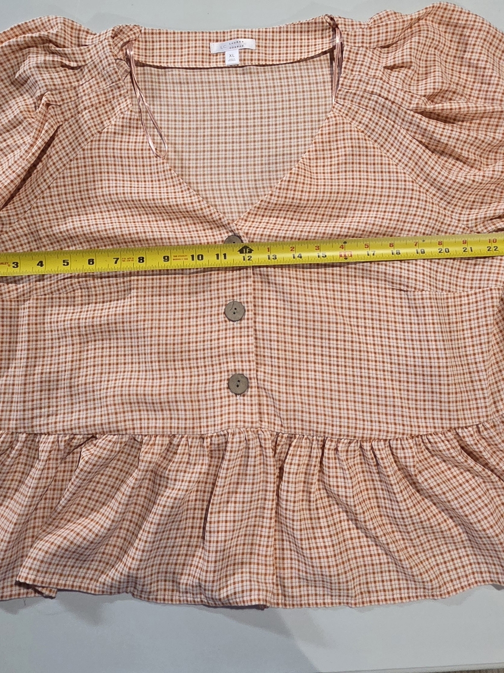 LC Lauren Conrad Peach Plaid V-Neck Peplum Blouse - Picture 6 of 8